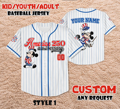 Custom Mickey America 250th Anniversary Baseball Jersey, Patriotic Mickey and Friends Shirt | UW28