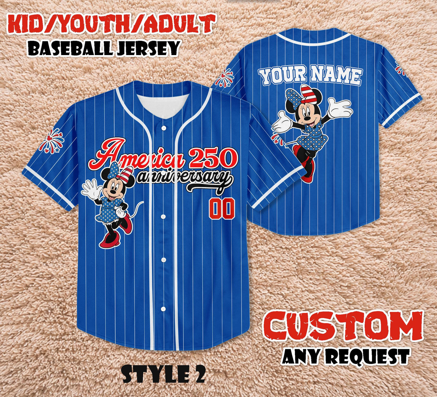 Custom America 250th Anniversary Baseball Jersey, Personalized Minnie Mouse Patriotic Shirt, 4th of July Disney Family Trip Outfit | JL76