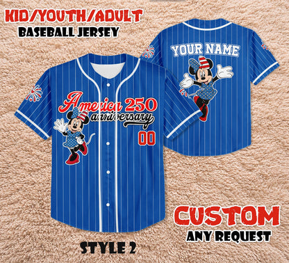 Custom America 250th Anniversary Baseball Jersey, Personalized Minnie Mouse Patriotic Shirt, 4th of July Disney Family Trip Outfit | JL76