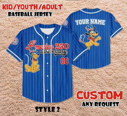 Custom America 250th Anniversary Baseball Jersey, Personalized Pluto Dog Patriotic Shirt, 4th of July Disney Family Trip Outfit | TZ84