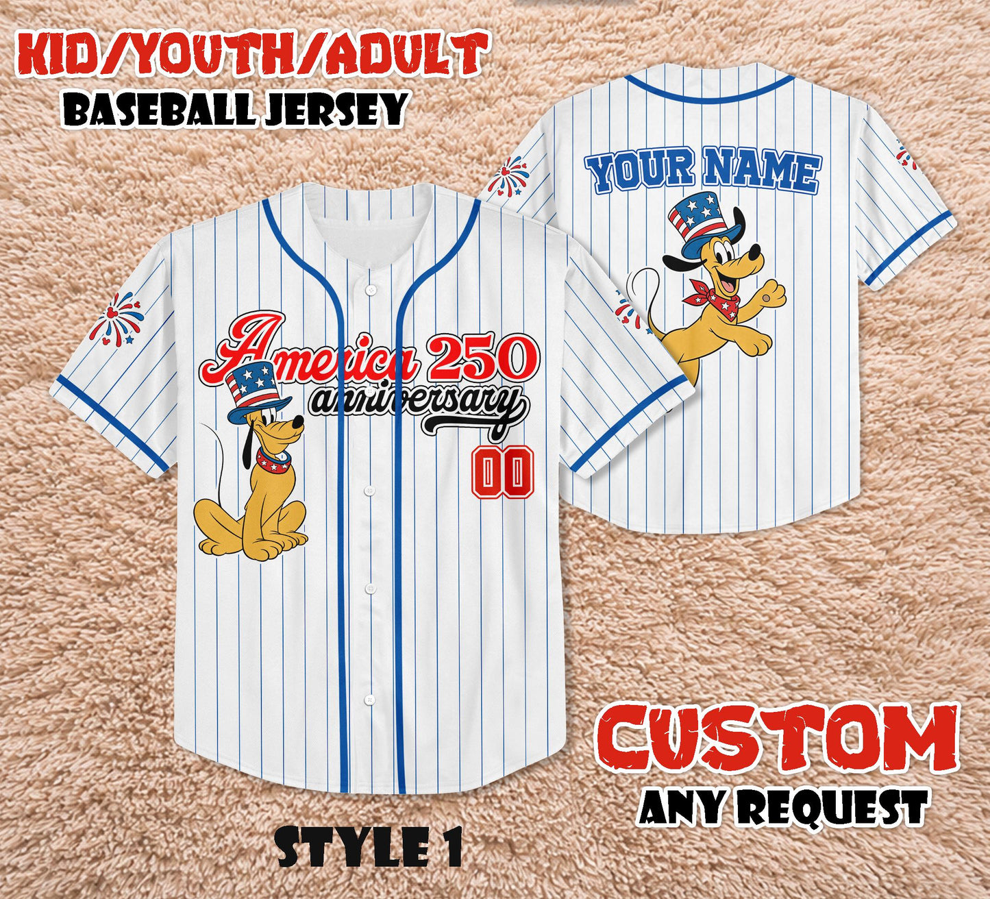 Custom America 250th Anniversary Baseball Jersey, Personalized Pluto Dog Patriotic Shirt, 4th of July Disney Family Trip Outfit | TZ84