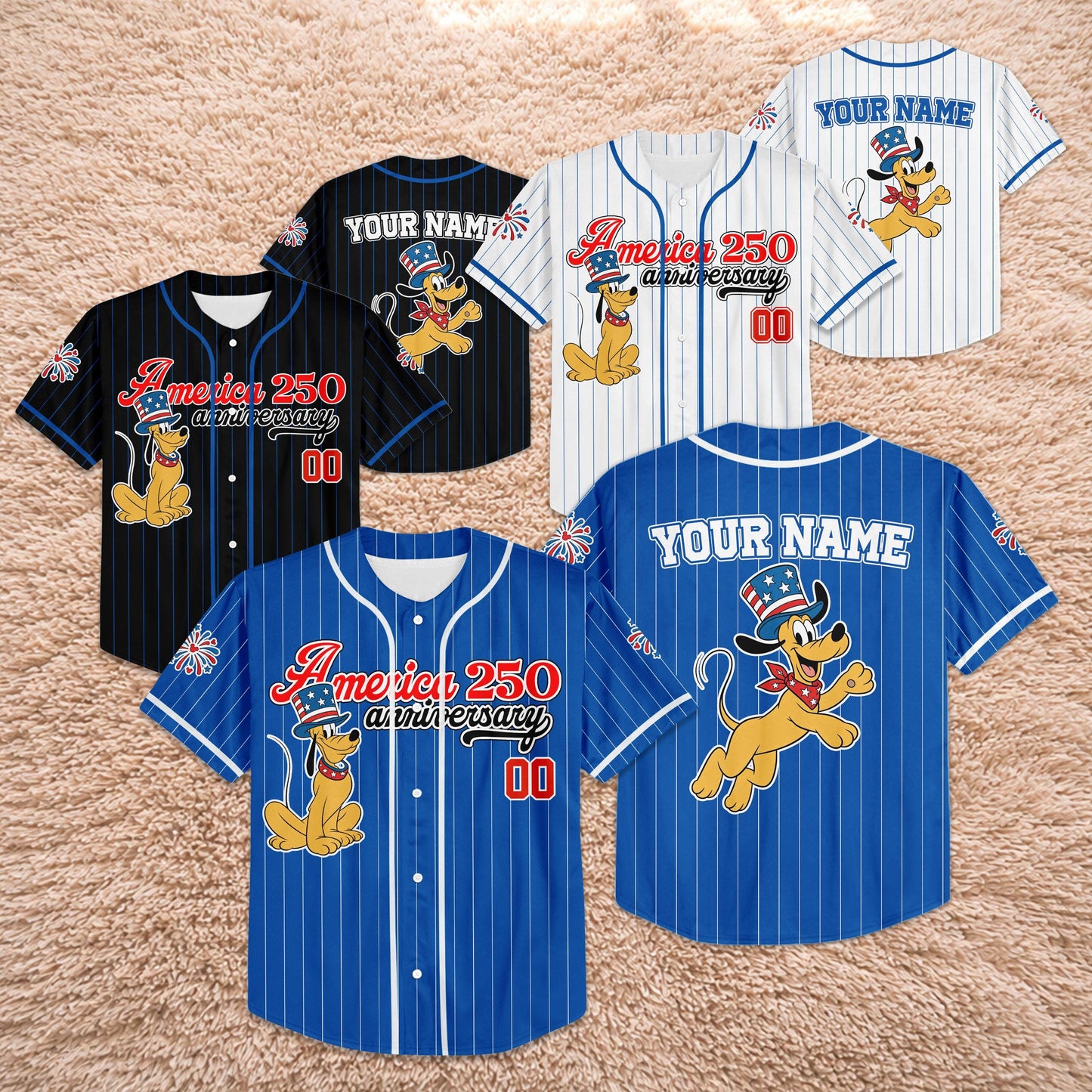 Custom America 250th Anniversary Baseball Jersey, Personalized Pluto Dog Patriotic Shirt, 4th of July Disney Family Trip Outfit | TZ84