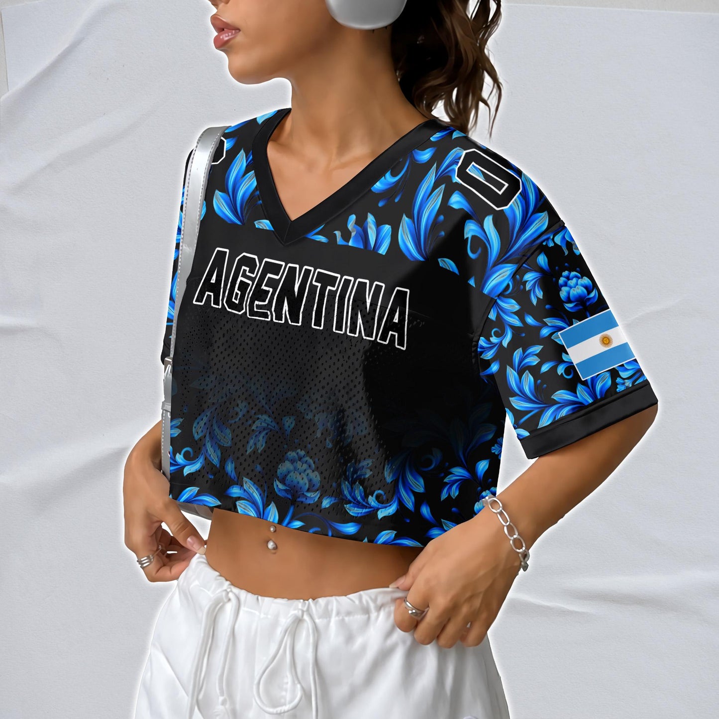 Custom Argentina Football Jersey for Women, Personalized Name Number Logo Mesh Crop Top, Blue White Soccer Jersey, Argentina Girl Shirt 2026 | YP76