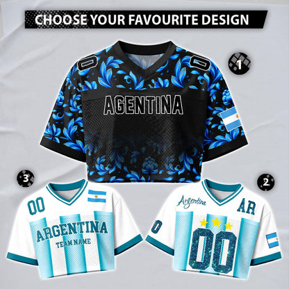 Custom Argentina Football Jersey for Women, Personalized Name Number Logo Mesh Crop Top, Blue White Soccer Jersey, Argentina Girl Shirt 2026 | YP76