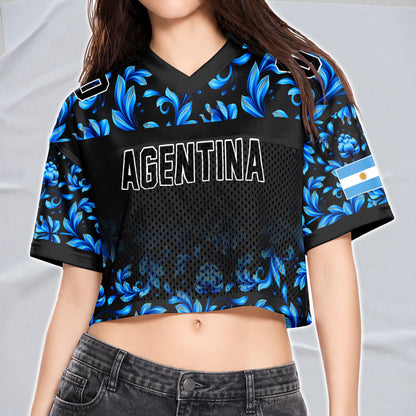 Custom Argentina Football Jersey for Women, Personalized Name Number Logo Mesh Crop Top, Blue White Soccer Jersey, Argentina Girl Shirt 2026 | YP76