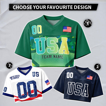 Custom USA Football Jersey for Women, Personalized Printed Name Number Mesh Crop Top, Summer Soccer 2026 Jersey, America Soccer 2026 Shirt | QC19