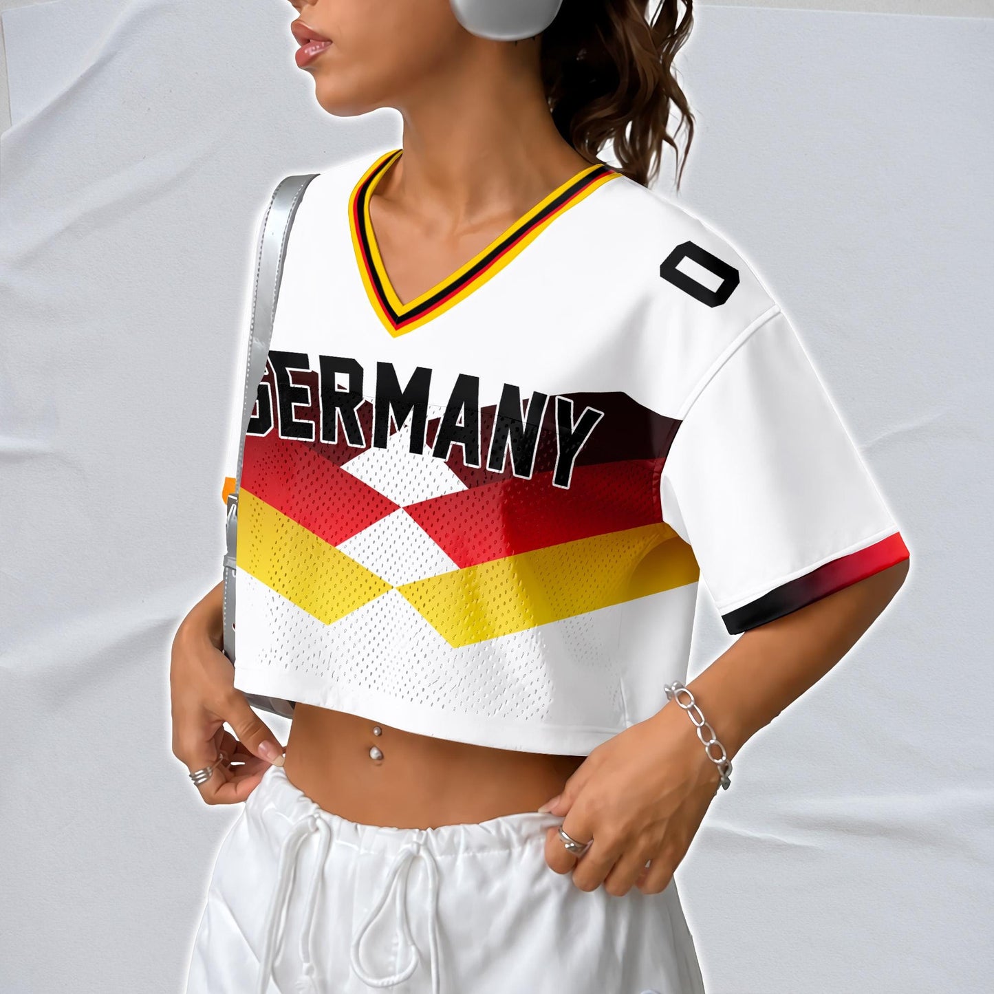 Custom Cheerleading Germany Football Jersey for Women, Personalized Printed Name Number Mesh Crop Top, White Navy Soccer Jersey,German Shirt | DG87