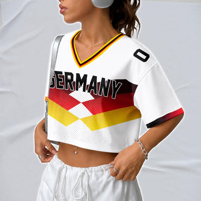 Custom Cheerleading Germany Football Jersey for Women, Personalized Printed Name Number Mesh Crop Top, White Navy Soccer Jersey,German Shirt | DG87