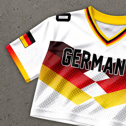 Custom Cheerleading Germany Football Jersey for Women, Personalized Printed Name Number Mesh Crop Top, White Navy Soccer Jersey,German Shirt | DG87
