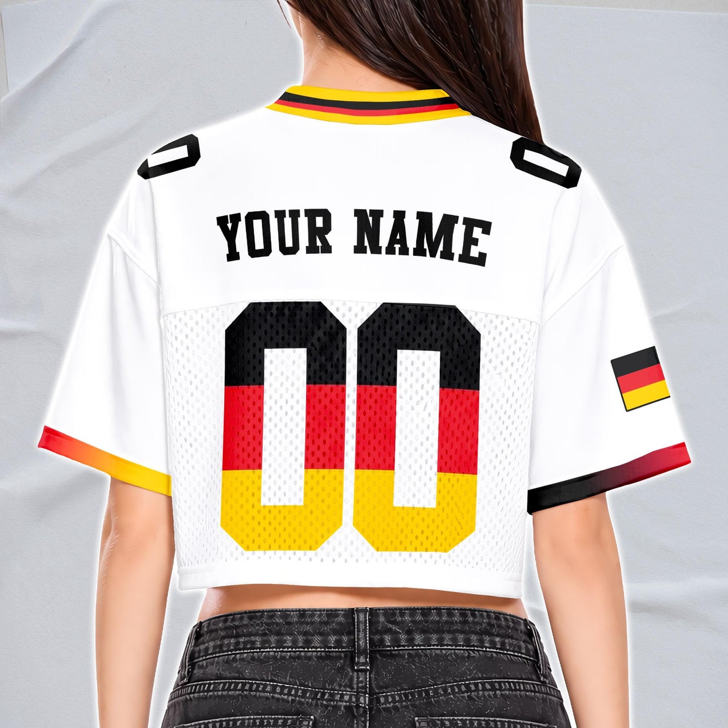 Custom Cheerleading Germany Football Jersey for Women, Personalized Printed Name Number Mesh Crop Top, White Navy Soccer Jersey,German Shirt | DG87