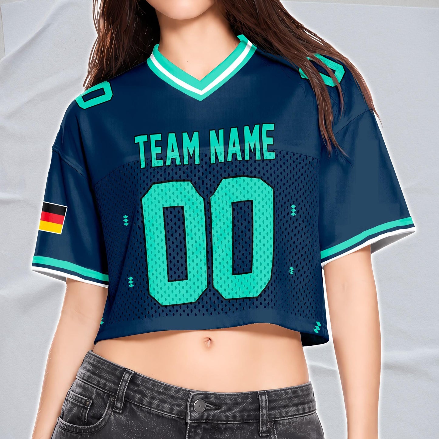 Custom Cheerleading Germany Football Jersey for Women, Personalized Printed Name Number Mesh Crop Top, White Navy Soccer Jersey,German Shirt | PM17