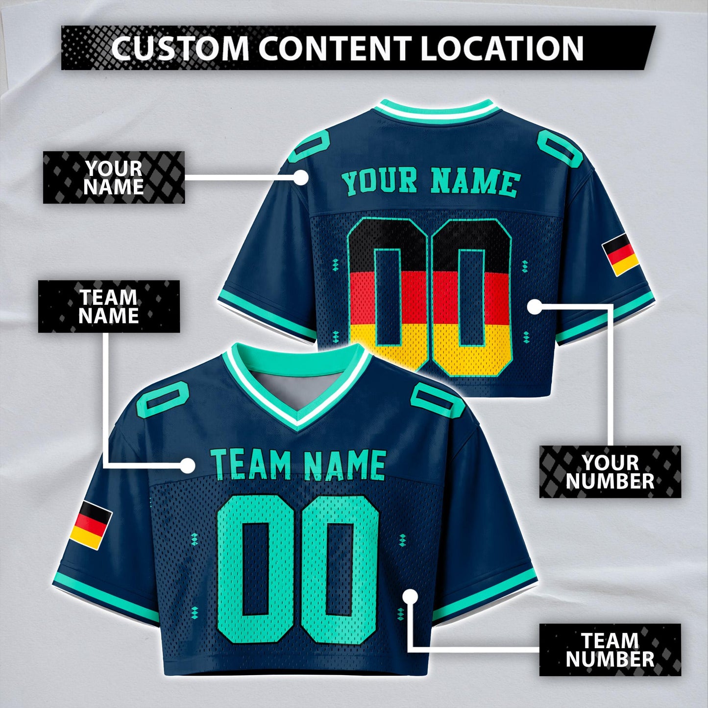 Custom Cheerleading Germany Football Jersey for Women, Personalized Printed Name Number Mesh Crop Top, White Navy Soccer Jersey,German Shirt | PM17