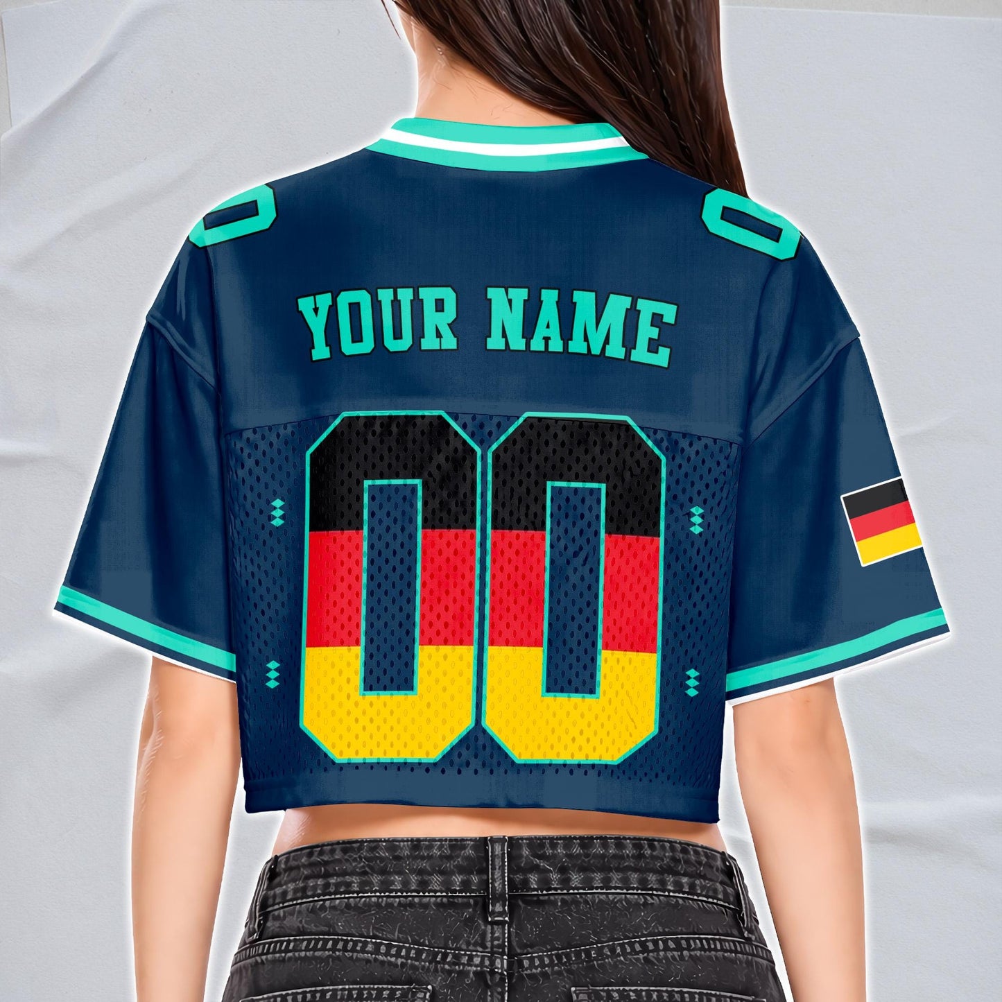 Custom Cheerleading Germany Football Jersey for Women, Personalized Printed Name Number Mesh Crop Top, White Navy Soccer Jersey,German Shirt | PM17