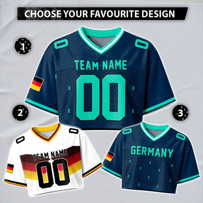 Custom Cheerleading Germany Football Jersey for Women, Personalized Printed Name Number Mesh Crop Top, White Navy Soccer Jersey,German Shirt | PM17