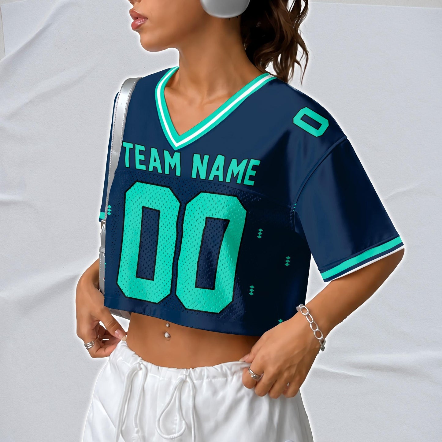 Custom Cheerleading Germany Football Jersey for Women, Personalized Printed Name Number Mesh Crop Top, White Navy Soccer Jersey,German Shirt | PM17
