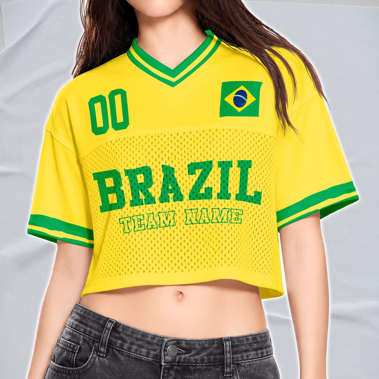 Custom Cheerleading Brasil Football Jersey for Women, Personalized Printed Name Number Mesh Crop Top,Green Yellow Soccer Jersey,Brazil Shirt | MX65