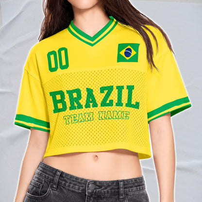 Custom Cheerleading Brasil Football Jersey for Women, Personalized Printed Name Number Mesh Crop Top,Green Yellow Soccer Jersey,Brazil Shirt | MX65