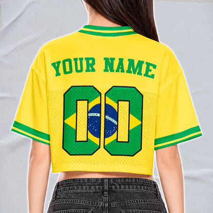 Custom Cheerleading Brasil Football Jersey for Women, Personalized Printed Name Number Mesh Crop Top,Green Yellow Soccer Jersey,Brazil Shirt | MX65