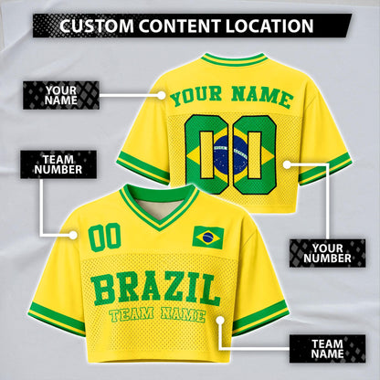 Custom Cheerleading Brasil Football Jersey for Women, Personalized Printed Name Number Mesh Crop Top,Green Yellow Soccer Jersey,Brazil Shirt | MX65