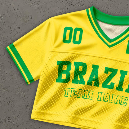 Custom Cheerleading Brasil Football Jersey for Women, Personalized Printed Name Number Mesh Crop Top,Green Yellow Soccer Jersey,Brazil Shirt | MX65