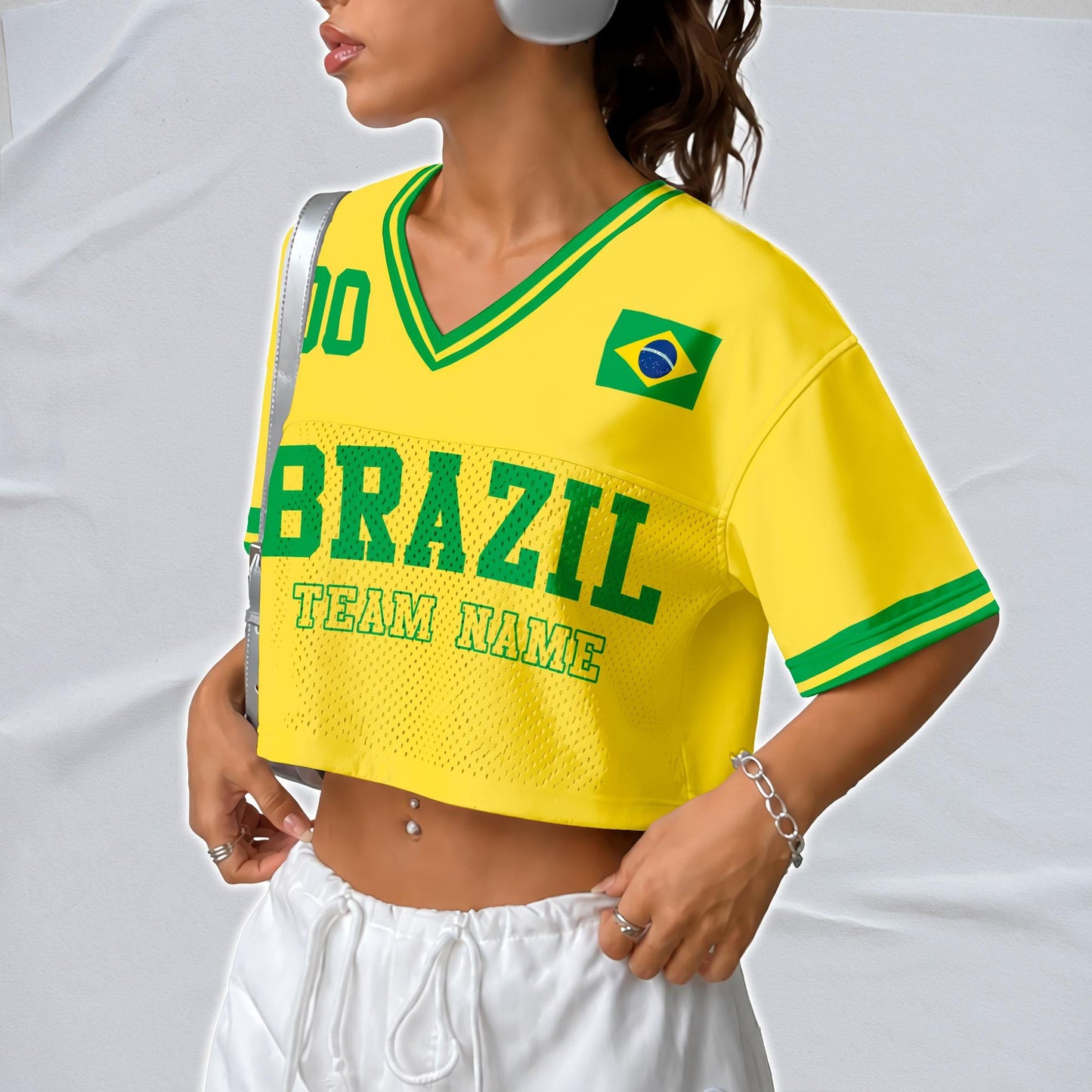 Custom Cheerleading Brasil Football Jersey for Women, Personalized Printed Name Number Mesh Crop Top,Green Yellow Soccer Jersey,Brazil Shirt | MX65