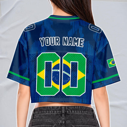Custom Cheerleading Brasil Football Jersey for Women, Personalized Printed Name Number Mesh Crop Top,Green Yellow Soccer Jersey,Brazil Shirt | HI50