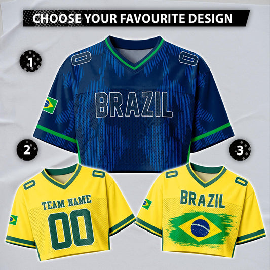 Custom Cheerleading Brasil Football Jersey for Women, Personalized Printed Name Number Mesh Crop Top,Green Yellow Soccer Jersey,Brazil Shirt | HI50