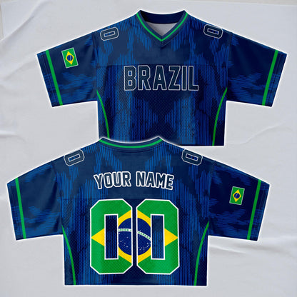 Custom Cheerleading Brasil Football Jersey for Women, Personalized Printed Name Number Mesh Crop Top,Green Yellow Soccer Jersey,Brazil Shirt | HI50