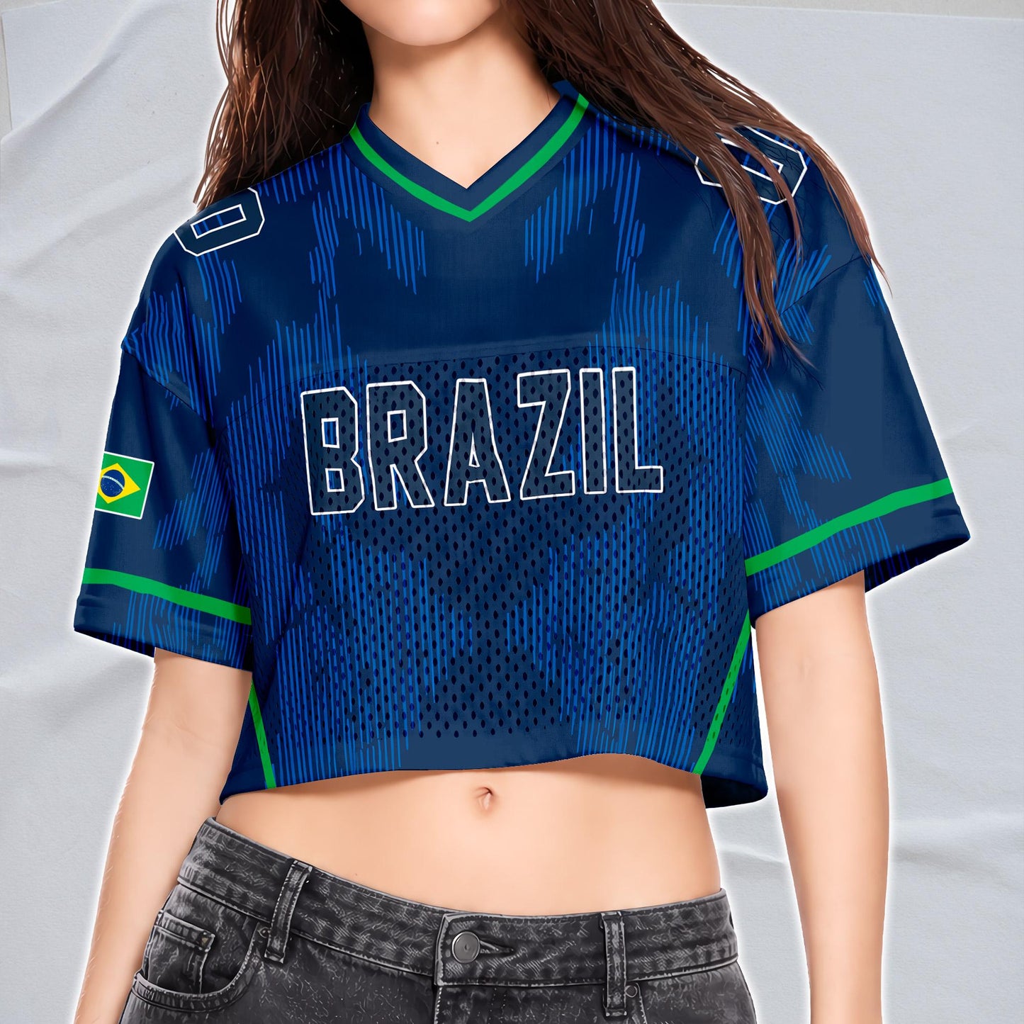 Custom Cheerleading Brasil Football Jersey for Women, Personalized Printed Name Number Mesh Crop Top,Green Yellow Soccer Jersey,Brazil Shirt | HI50