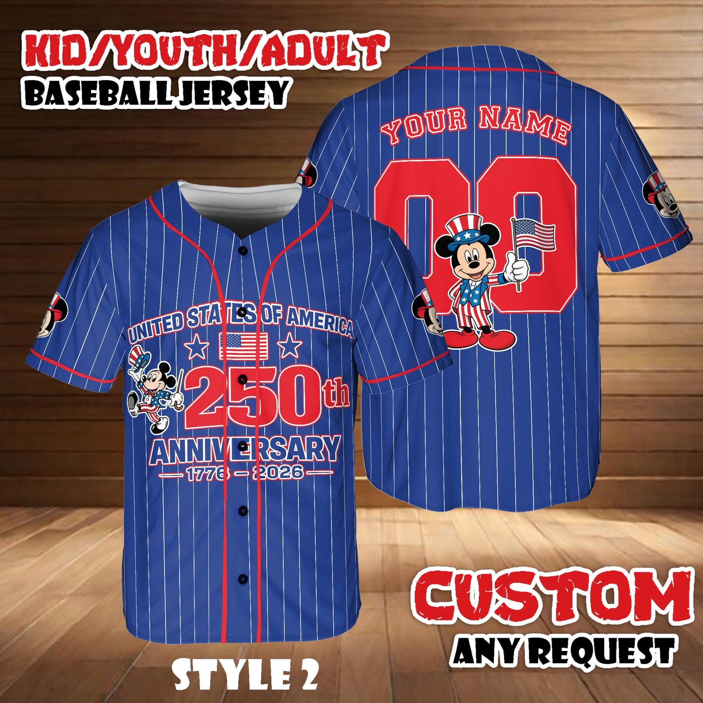 Custom Disney Mickey & Friends Baseball Jersey, 250th America Anniversary Shirt, Kid Youth Adult Patriotic Disney Game Day Jersey | EI72