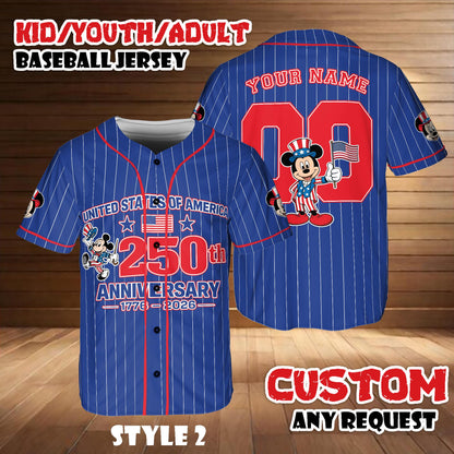 Custom Disney Mickey & Friends Baseball Jersey, 250th America Anniversary Shirt, Kid Youth Adult Patriotic Disney Game Day Jersey | EI72