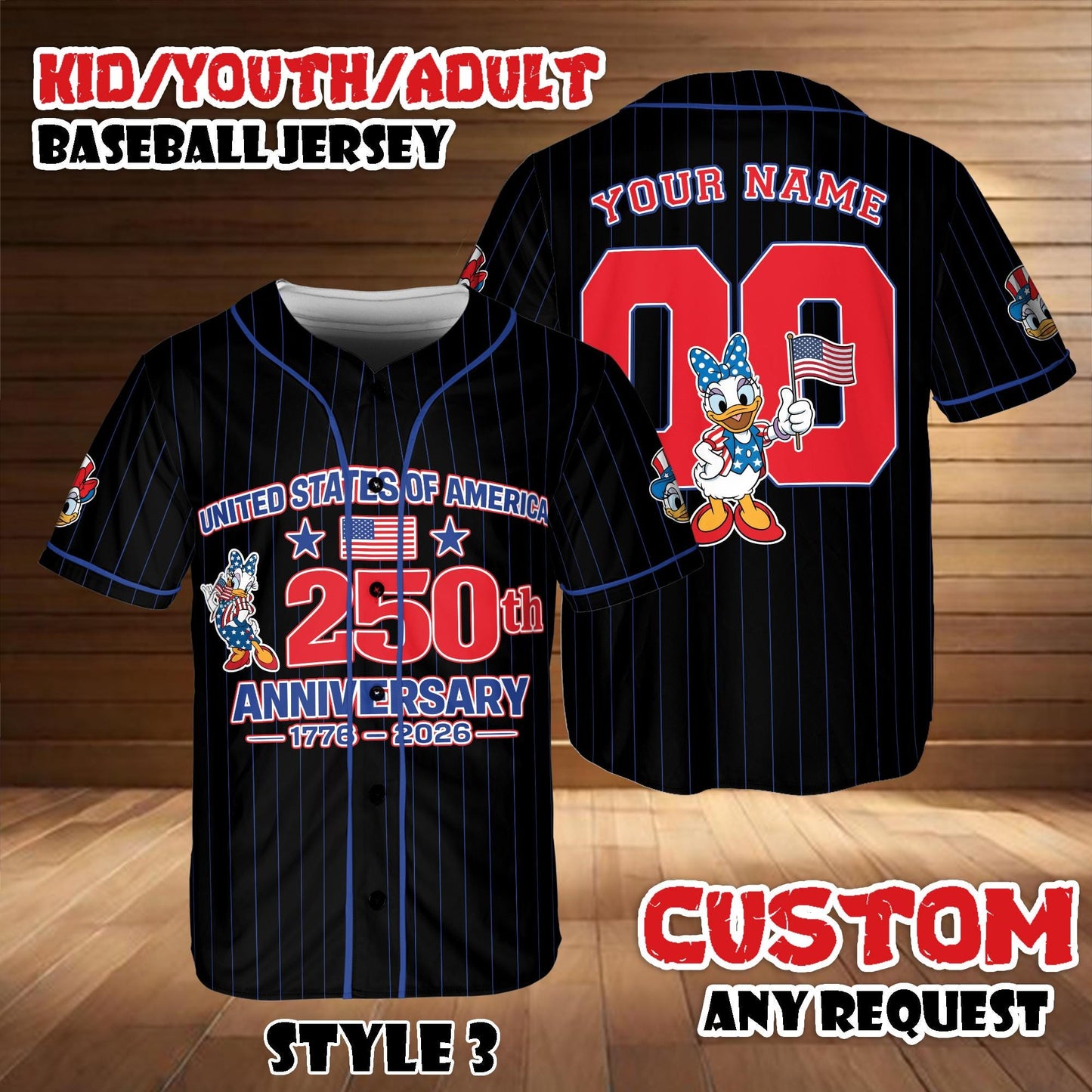 Custom Disney Mickey & Friends Daisy Baseball Jersey, USA 250th Anniversary Patriotic Jersey | BH80