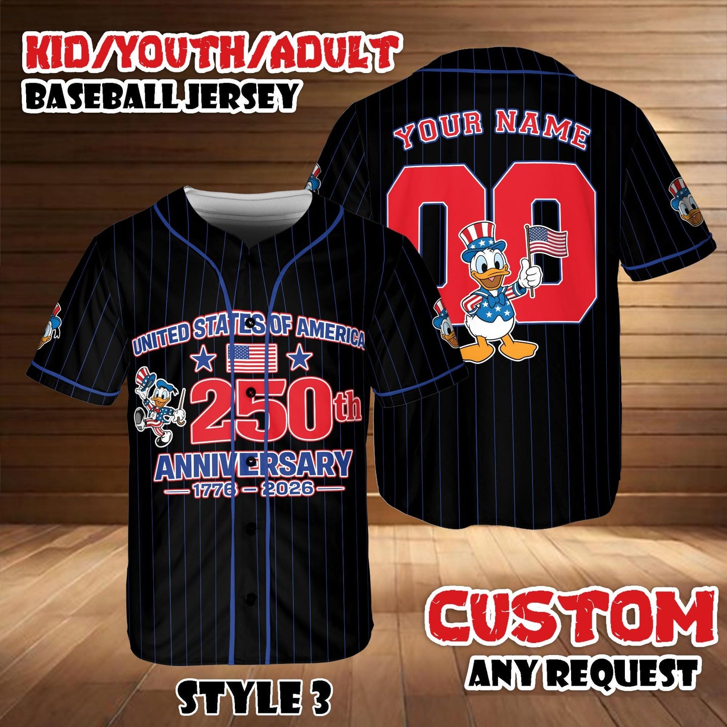 Disney Mickey & Friends Donald Baseball Jersey, 250th America Anniversary Shirt, Kids Adult Patriotic Custom Baseball Jersey | UK52