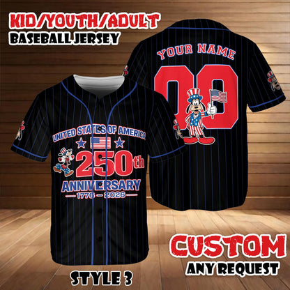 Disney Mickey And Friends Goofy Baseball Jersey, Custom America 250th Anniversary Shirt, Kids Youth Adult Patriotic Game Day Tee | MV24