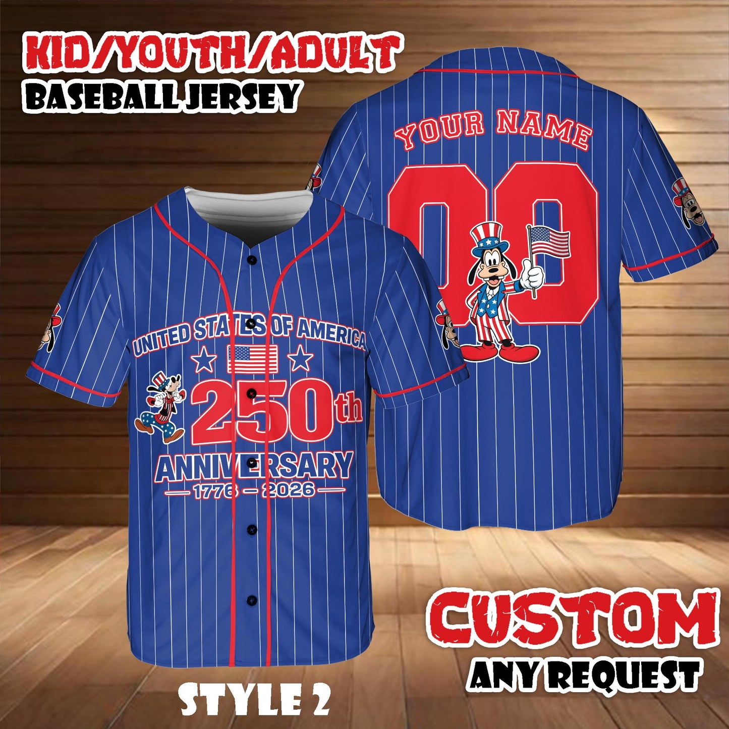 Disney Mickey And Friends Goofy Baseball Jersey, Custom America 250th Anniversary Shirt, Kids Youth Adult Patriotic Game Day Tee | MV24