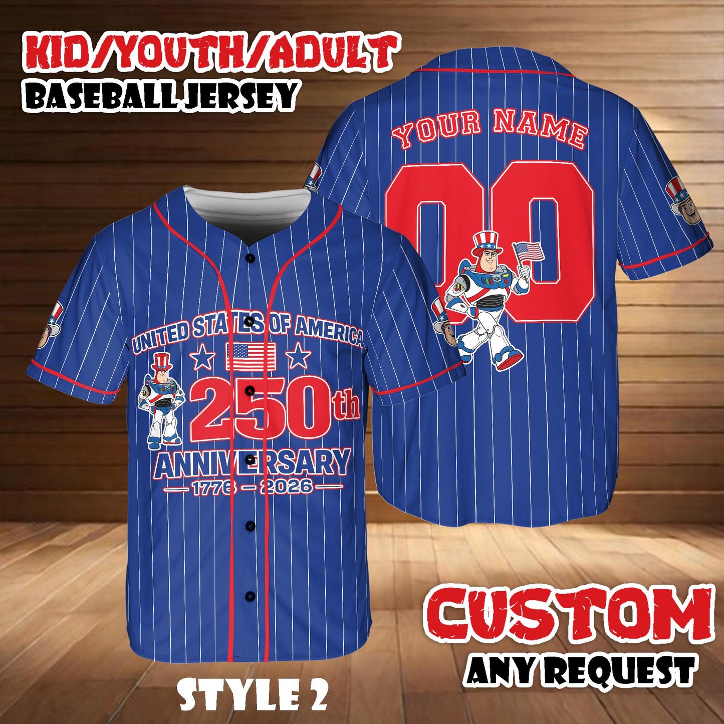 Custom Buzz Lightyear Baseball Jersey, 250th Anniversary USA Outfit, Birthday Gift | CW17