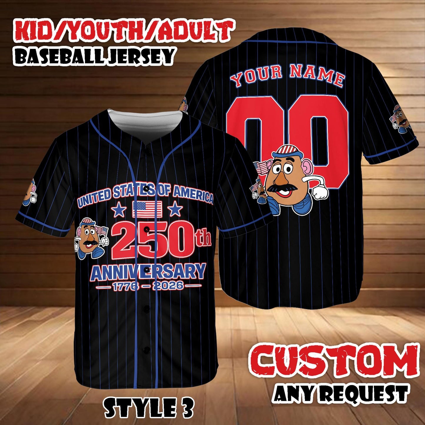 Custom Toy Story Mr Potato Head Baseball Jersey, 250th Anniversary USA Shirt | DG18