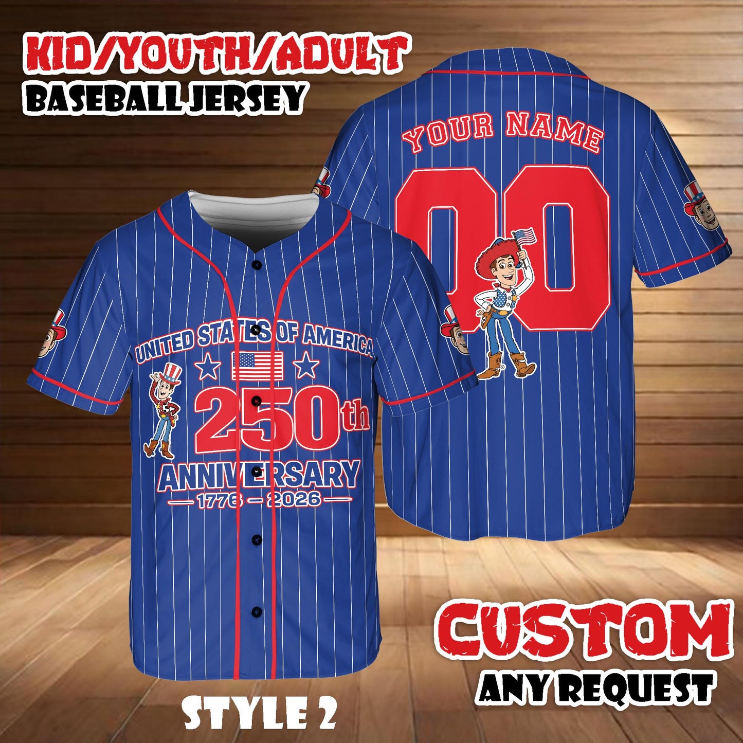 Custom Woody Toy Story Baseball Jersey, USA 250th Anniversary Shirt, Game Day Outfit | BZ50