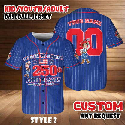 Custom Woody Toy Story Baseball Jersey, USA 250th Anniversary Shirt, Game Day Outfit | BZ50