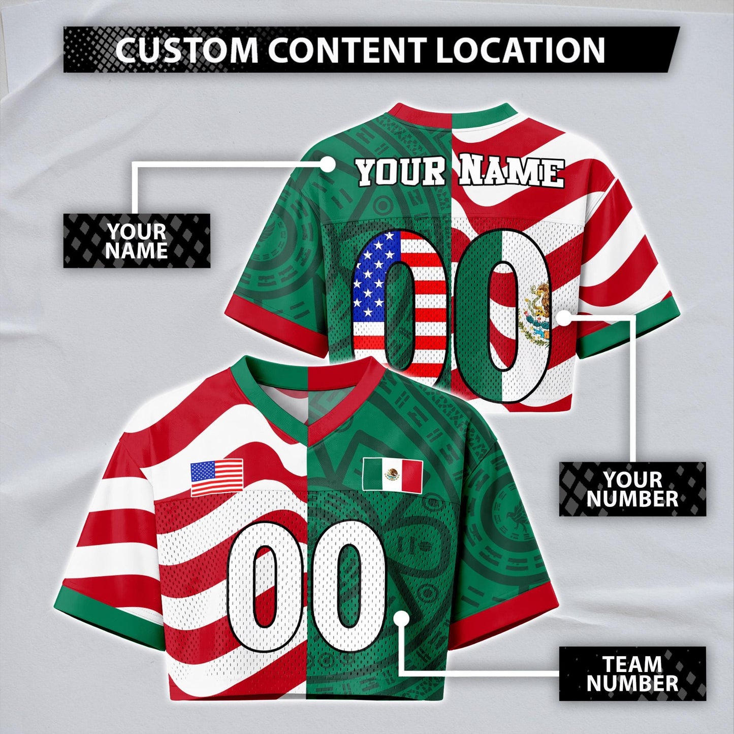 Custom USA Football Half & Half Jersey Crop Top, Personalized Binational Flag Shirt, Matching Fan Set, Game Day Outfit Gift | CT68