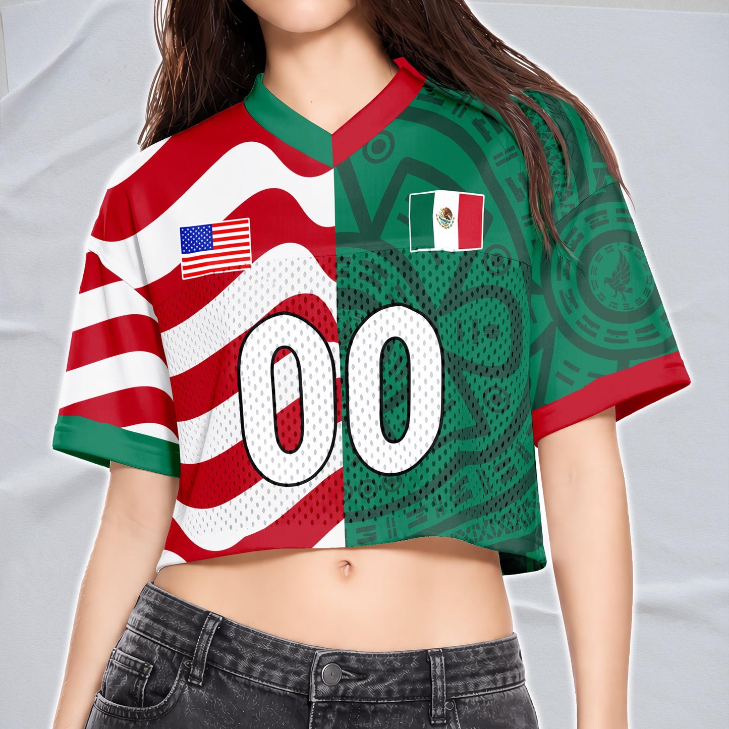 Custom USA Football Half & Half Jersey Crop Top, Personalized Binational Flag Shirt, Matching Fan Set, Game Day Outfit Gift | CT68