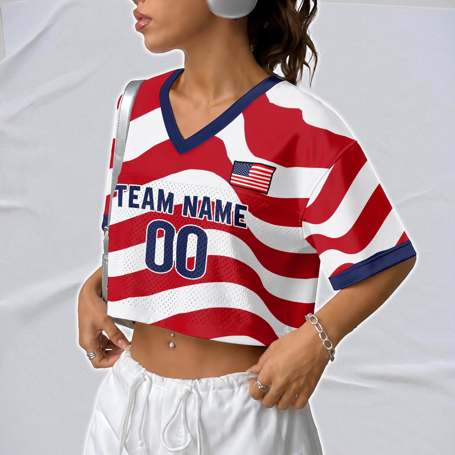 Custom USA 2026 Football Jersey Crop Top, Personalized Red White Blue Shirt, American Flag Fan Outfit, Game Day Gift | QS43