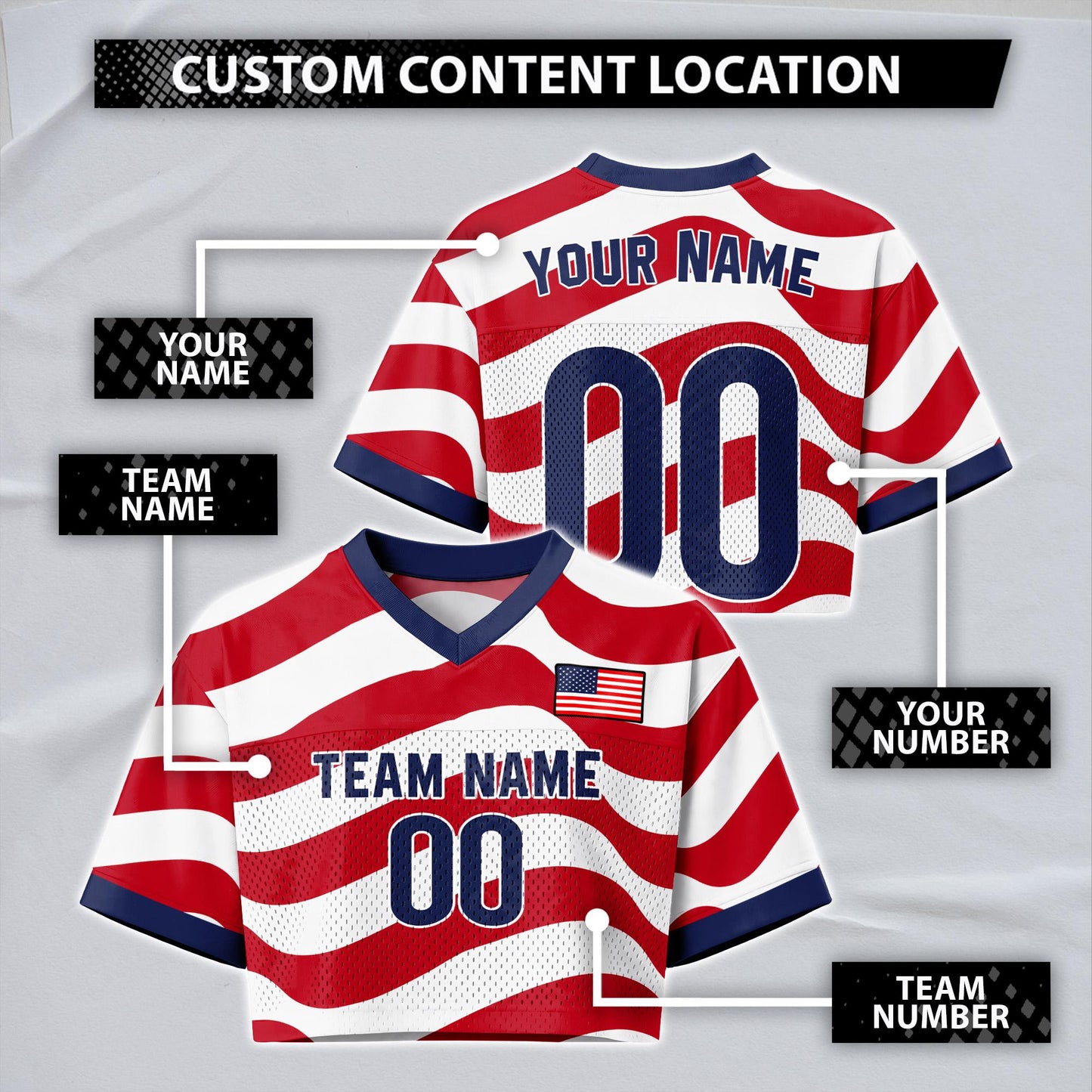 Custom USA 2026 Football Jersey Crop Top, Personalized Red White Blue Shirt, American Flag Fan Outfit, Game Day Gift | QS43