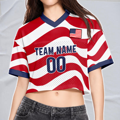 Custom USA 2026 Football Jersey Crop Top, Personalized Red White Blue Shirt, American Flag Fan Outfit, Game Day Gift | QS43