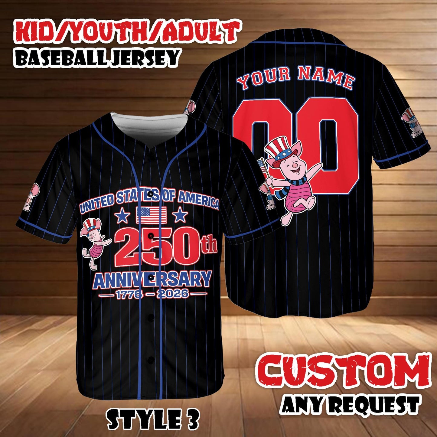 Custom Disney Piglet America 250th Anniversary Baseball Jersey, Winnie The Pooh Patriotic Jersey Shirt | PS27
