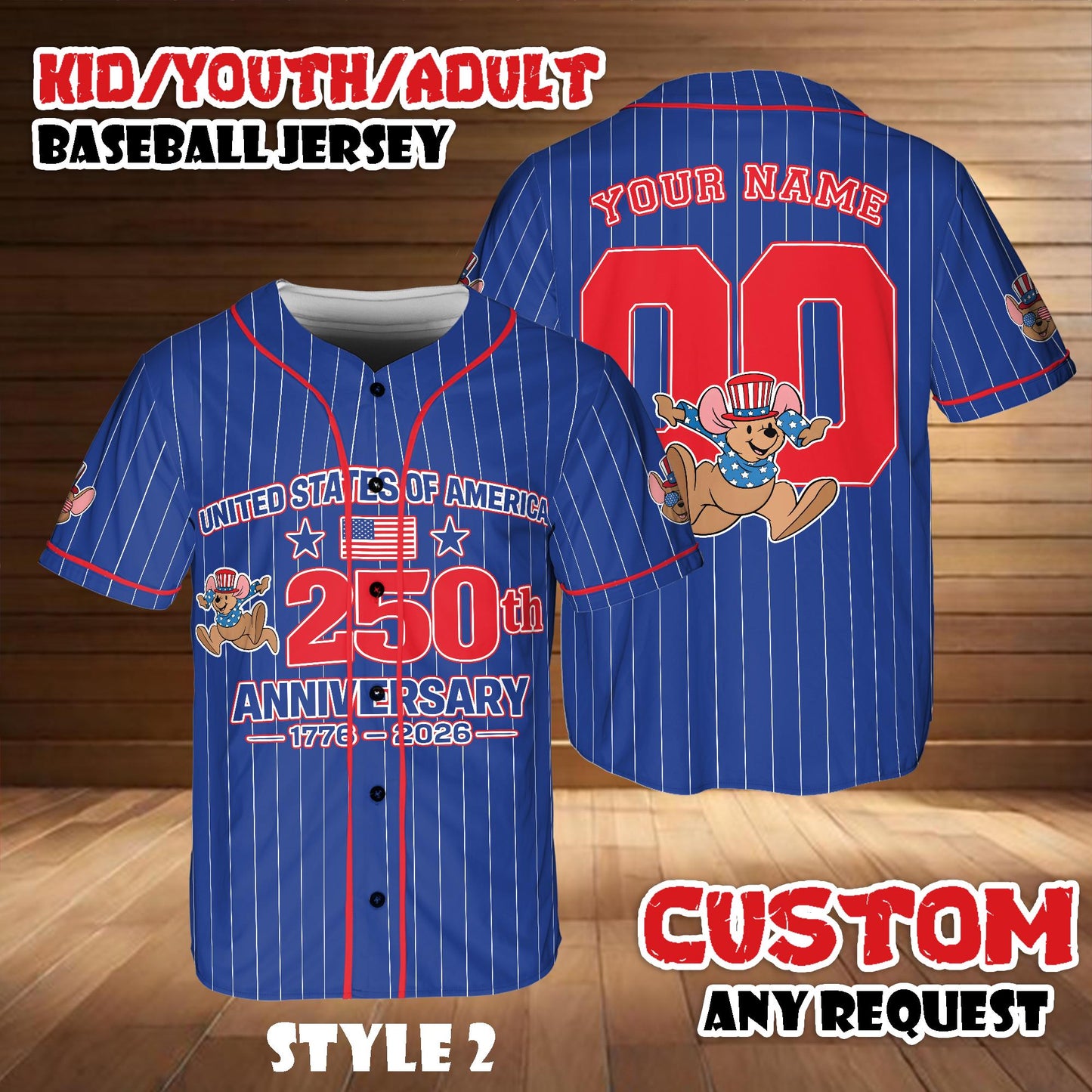 Custom Disney Roo America 250th Anniversary Baseball Jersey, Winnie The Pooh Patriotic Shirt, USA 2026 Disney Team Outfit Gift For Fans | NX62