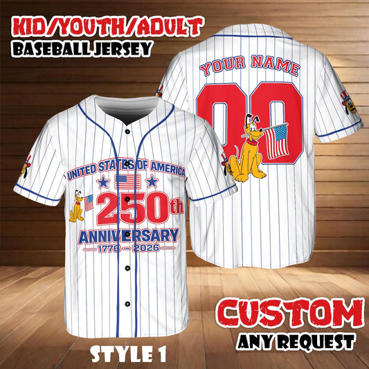 Custom Disney Pluto America 250th Anniversary Baseball Jersey, Personalized 4th of July Shirt | HO35
