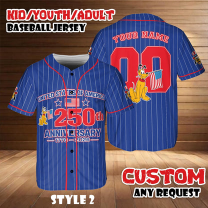 Custom Disney Pluto America 250th Anniversary Baseball Jersey, Personalized 4th of July Shirt | HO35