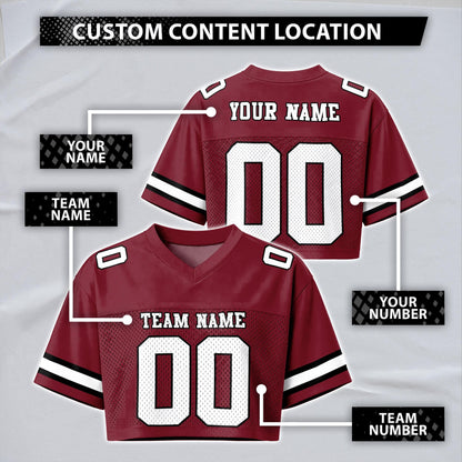Custom Cheerleading Football Crop Top for Girls, Maroon Black White Jersey Shirt, Personalized Name Number Logo, College Game Day Outfit | DC16