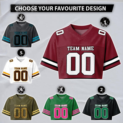 Custom Cheerleading Football Crop Top for Girls, Maroon Black White Jersey Shirt, Personalized Name Number Logo, College Game Day Outfit | DC16